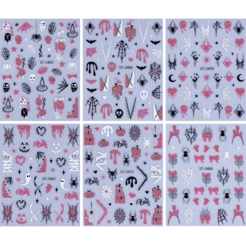 Pink Halloween Nail Art Stickers 3D Self-Adhesive Ghost Skull Decals 6 Sheets