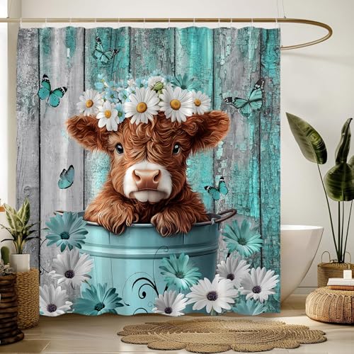 Highland Cow Shower Curtain 70x70 Inches - Teal Floral Design