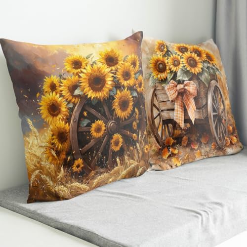 Sunflower Throw Pillow Covers 18x18 (Set of 4) - Double-Sided Design