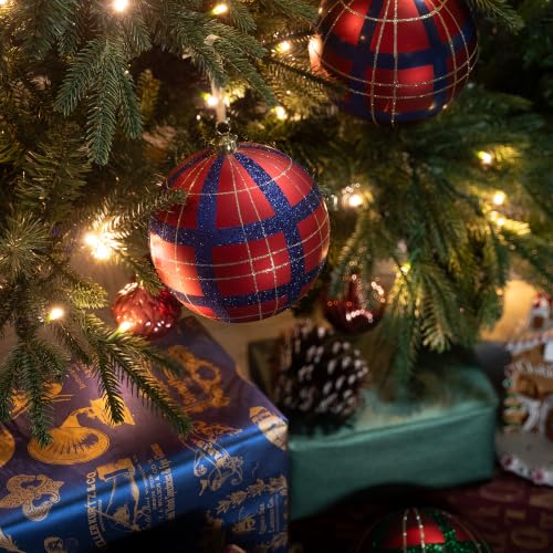 Christmas Tartan Ball Ornaments Set of 4 - Red Blue Plaid 6-Inch