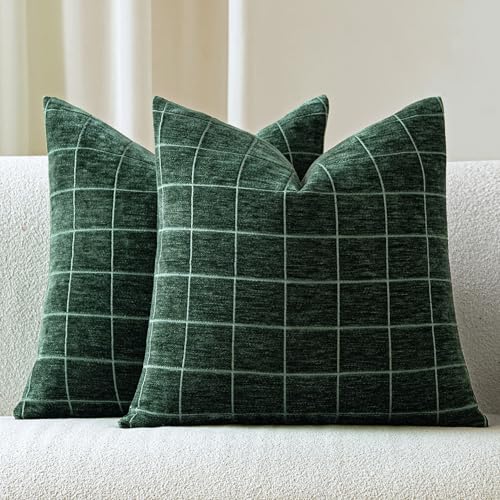 Decorative Chenille Plaid Throw Pillow Cover Moss Green 20x20 Set of 2 - Hidden Zipper