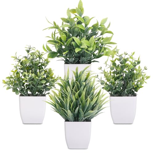Mini Potted Artificial Plants - 4 Pack Faux Greenery for Home & Office