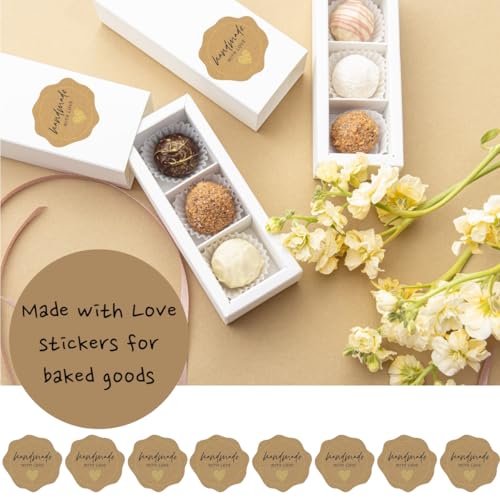 300 Made with Love Stickers - 1.75" Craft Paper Labels with Gold Foil