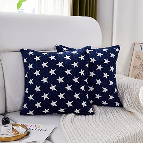Chenille Throw Pillow Covers Set of 2 - 16x16 Navy Stars