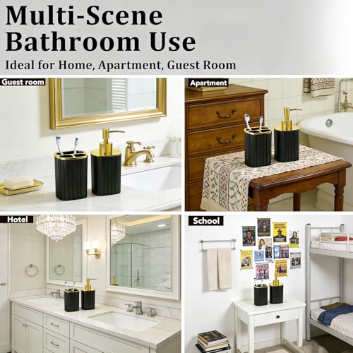 Black and Gold Bathroom Accessories Set - Soap Dispenser & Toothbrush Holder