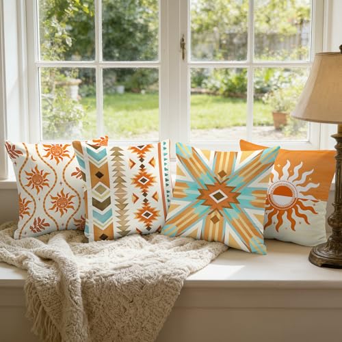 Boho Western Throw Pillow Covers Set of 4 - 18" x 18" Velvet Aztec Design