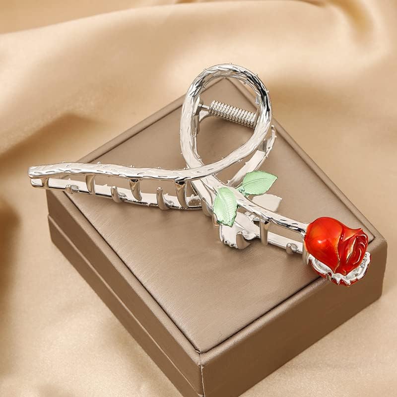 Red Metal Rose Hair Claw Clip Large Non-Slip Shark Barrette