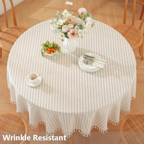 Beige 70-Inch Round Outdoor Tablecloth - Fall Pattern, Heavy Waterproof Fabric