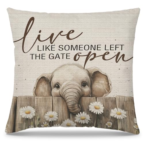 Elephant Decor Pillow Covers 18x18 - Rustic Farmhouse Floral Throw Pillowcase for Living Room & Bedroom