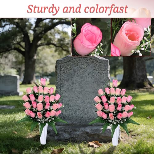 Artificial Cemetery Flowers with Vases - 2 Sets of Memorial Rose Bouquets