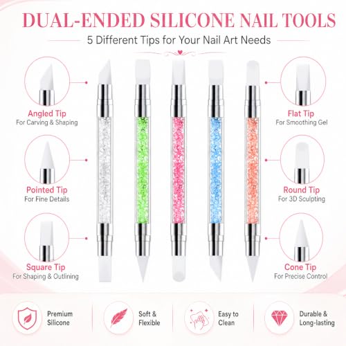 HHOOMY 5 Pcs Dual-Ended Silicone Nail Art Brushes with Crystal Handles