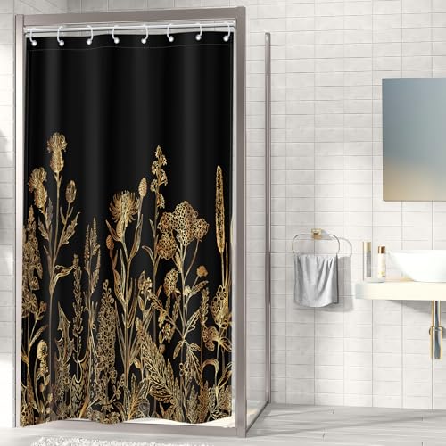 Riyidecor Floral Shower Curtain - Narrow 48"W x 72"L Black & Gold Botanical