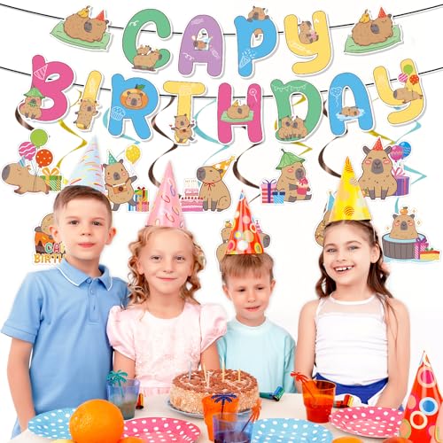 Capybara Birthday Party Decorations - 12PCS Hanging Banners & Swirls