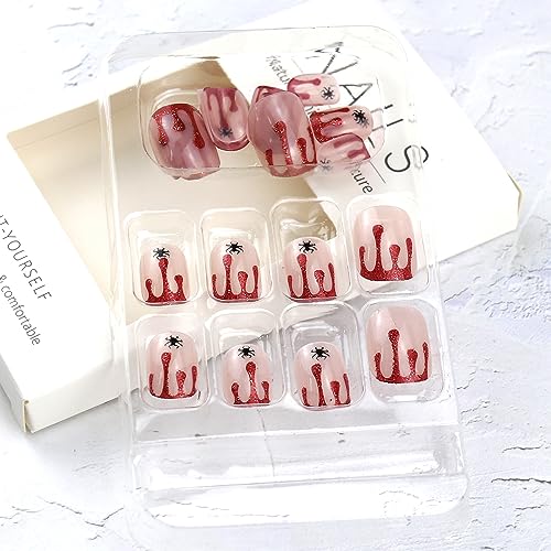 HOXIEYA Halloween Press on Nails Red Blood Spooky Spider Fake Nails Square
