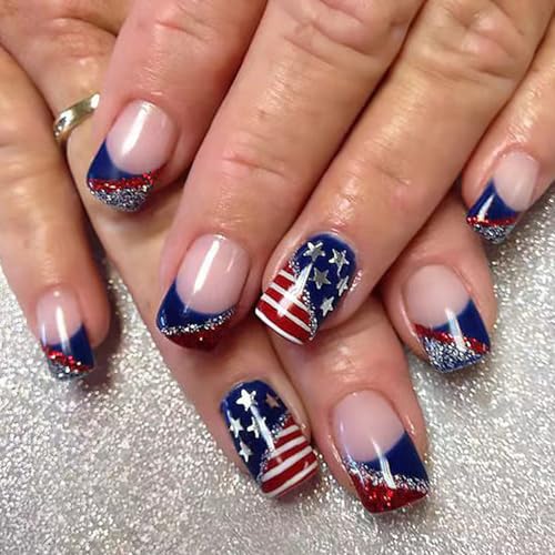 Independence Day Press on Nails Short Square Fake Nails Red Blue Glitters