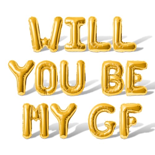 16" Gold Letter Balloons - Will You Be My GF Banner for Valentine's Day