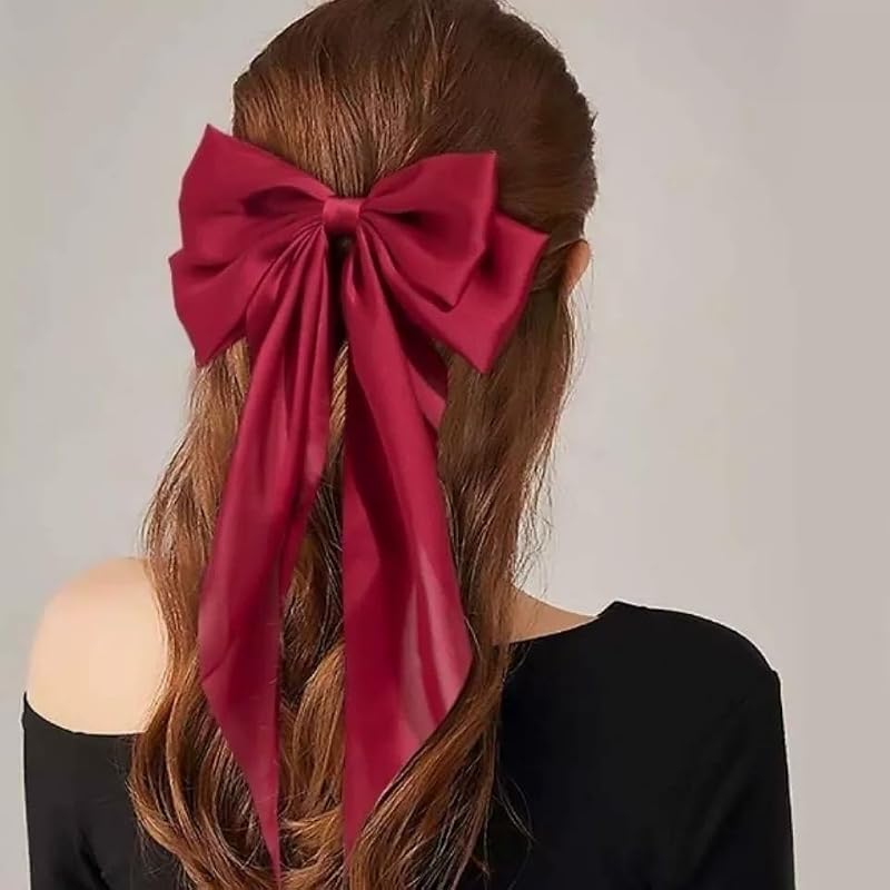 Silky Satin Bow Hair Clip with Long Tails Large French Barrette Light Blue
