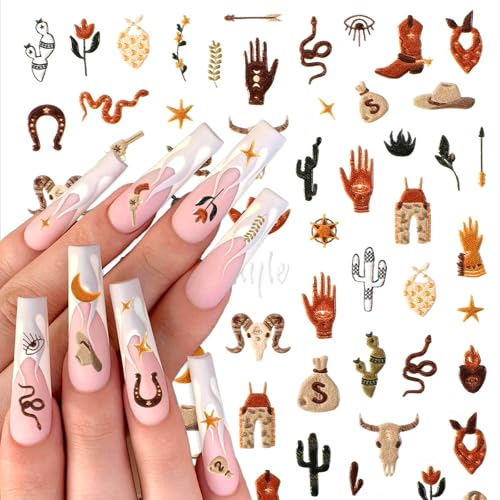 Retro Cowboy 5D Embossed Nail Art Stickers Western Decals