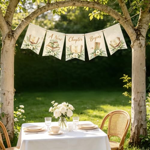 A New Chapter Begins Book Theme Party Banner - Boho Decor for Events