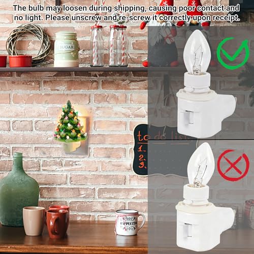 Christmas Ceramic Tree Night Light with Snow Cover - Multicolor Bulbs, Swivel Plug, On/Off Switch