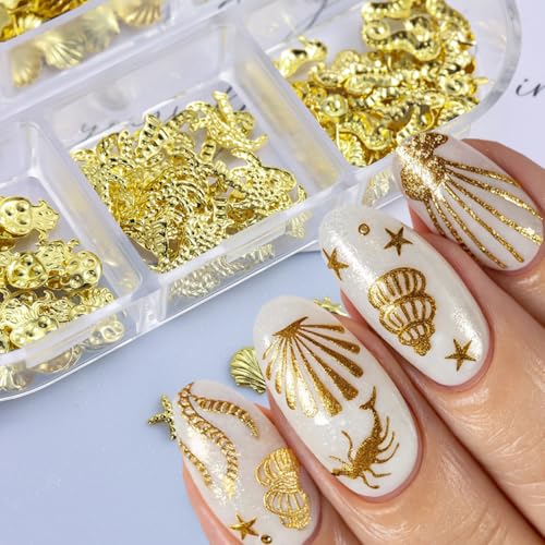 Summer Ocean Nail Art Charms Gold Alloy Shell Starfish Rhinestones