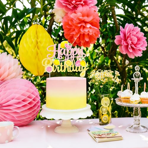 Pink & Gold Glitter Lemon Happy Birthday Cake Topper