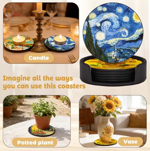 Van Gogh Style PU Leather Coaster Set of 6 with Holder - Handmade Art Drink Coasters for Home Decor & Gifts
