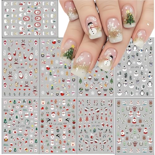 Christmas Nail Art Stickers - 9 Sheets 3D Self-Adhesive Winter Holiday Decals
