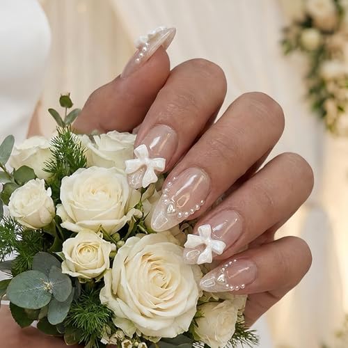 Nude Pink Press On Nails with French Tip & 3D Bow - 24Pcs Medium Almond