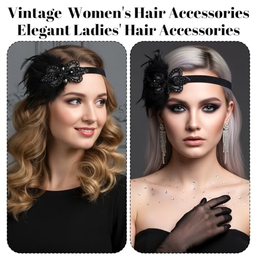 Yolev Black Flapper Headband with Feathers & Rhinestones for 1920s Party