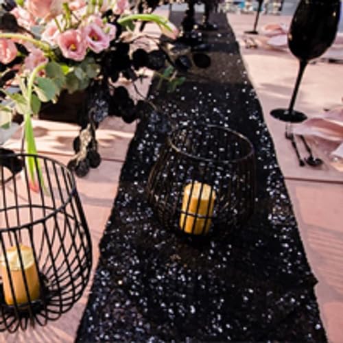 Black Sequin Table Runner 12x72 Inches - 6 Pack, Elegant Party Decor