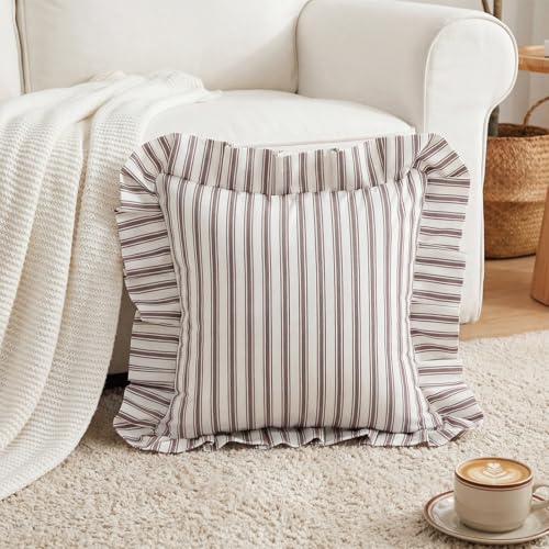 CrystalSylara 18x18 Ruffled Striped Pillow Cover, Boho Farmhouse Cushion Case