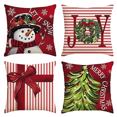 Christmas Throw Pillow Covers 20x20 Inches Set of 4 Red Holiday Cushions - Stripes