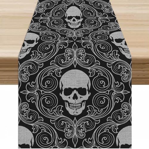 W13X L60 Gothic Skull Table Runner Black Halloween Damask Geometric