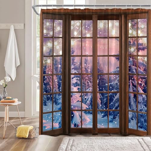 Winter Forest Shower Curtain with Hooks - Purple Brown 70x70 Inches Holiday Bathroom Decor