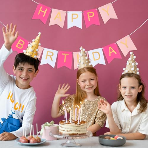 Pink Happy Birthday Banner with Gold Letters for Parties