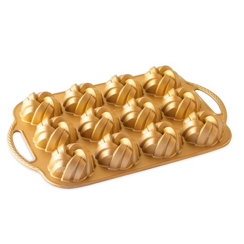Nordic Ware NW 95577 75th Anniversary Braided Rope Bundt Cake Pan, Gold 12 Cup Capacity & 95377 Bundtlette Pan 75th Anniversary Braided Bundt Bites, Gold