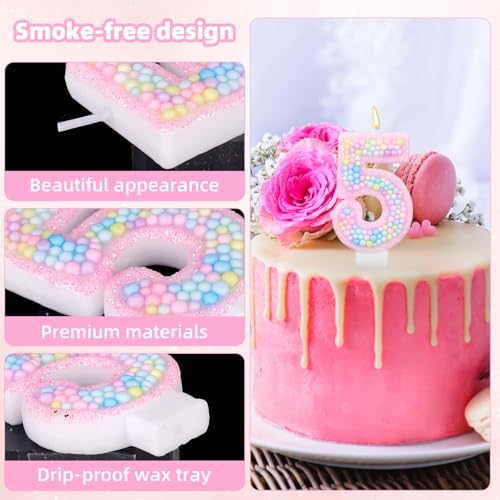 Lasuroa Number 5 Macaron Birthday Candle, Pink Glitter Cake Topper