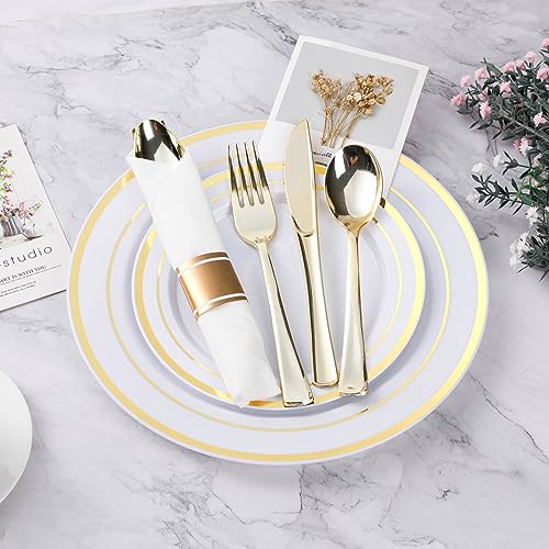 Gold Plastic Dinnerware Set for 75 Guests - 525 Pieces, Disposable & Elegant