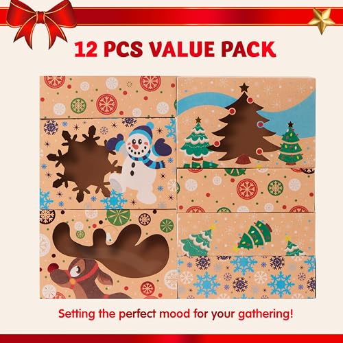 Christmas Cookie Gift Boxes with Window - 12 Pack, Kraft Bakery Tins for Pastries and Baked Goods - Variety of 3 Designs - 8.75 x 5.75 x 2.75 Inches