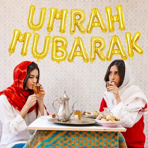 16-Inch Umrah Mubarak Letter Balloons Banner - Gold Mylar Decorations