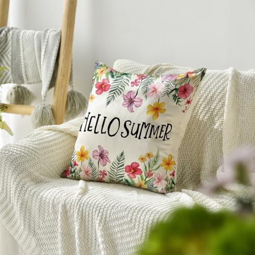Hello Summer Plumeria Throw Pillow Cover - 18x18 Inch Floral Cushion