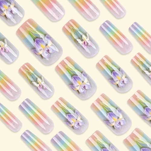 Pastel Rainbow Floral Press On Nails Medium Square Reusable Set
