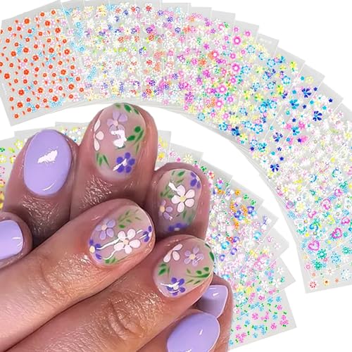 30 Sheets Flower Nail Art Stickers 3D Colorful Floral Daisy Decals