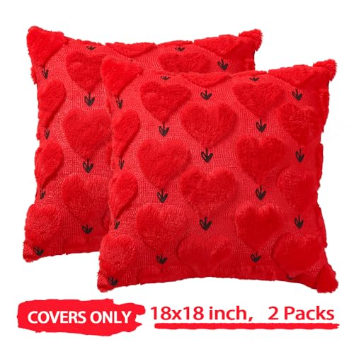 Valentine's Day Pillow Covers Set of 2, 18x18 Inch Red Heart Plush