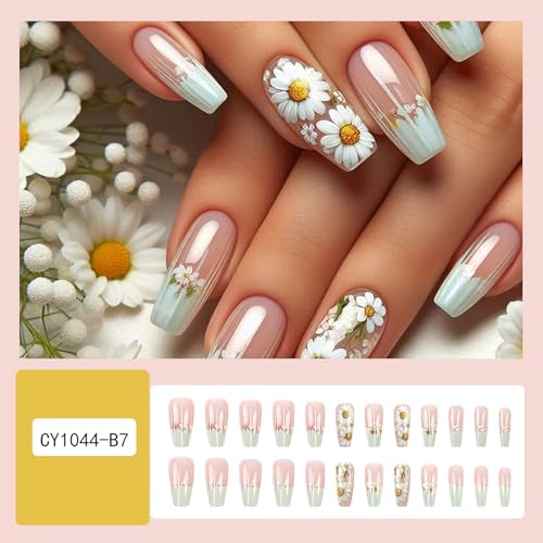 Daisy French Tip Long Ballet Press On Nails - 24 Pcs Floral Fake Nails