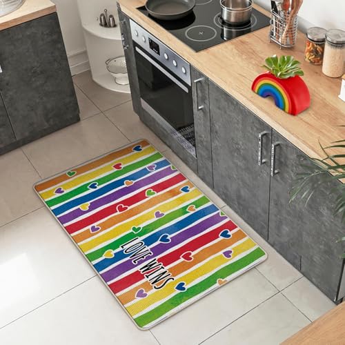 Pride Love Wins Rainbow Striped Hearts Door Mat - 17x29 Inches