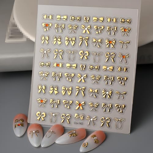 Namrec Gold Bow Nail Stickers 5D Self-Adhesive Rhinestone Decals