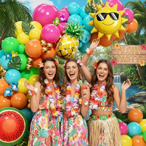 Tropical Hawaiian Balloon Garland Arch Kit - 152pcs Hot Pink Orange Yellow