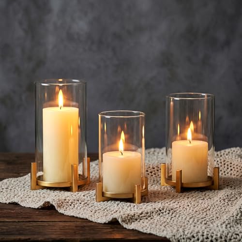 Gold Pillar Candle Holders Set of 3 - Hurricane Glass Candle Stands with Sleeve